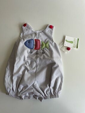Zuccini Kids 3M Gingham Baby Bubble Romper with Colorful Fish Embroidery